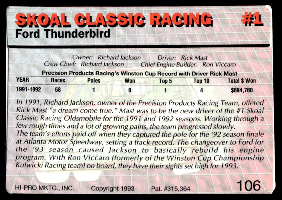 Rick Mast 1993 Action Packed Base Back of Card