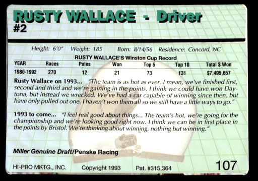 Rusty Wallace 1993 Action Packed Base Back of Card