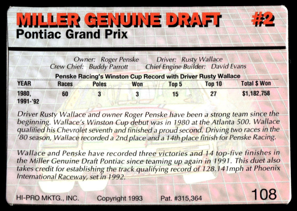 Rusty Wallace 1993 Action Packed Base Back of Card