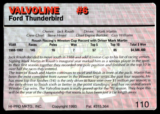 Mark Martin 1993 Action Packed Base Back of Card