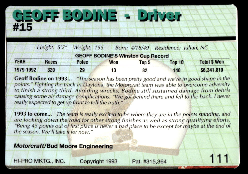 Geoff Bodine 1993 Action Packed Base Back of Card