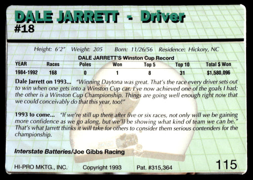 Dale Jarrett 1993 Action Packed Base Back of Card