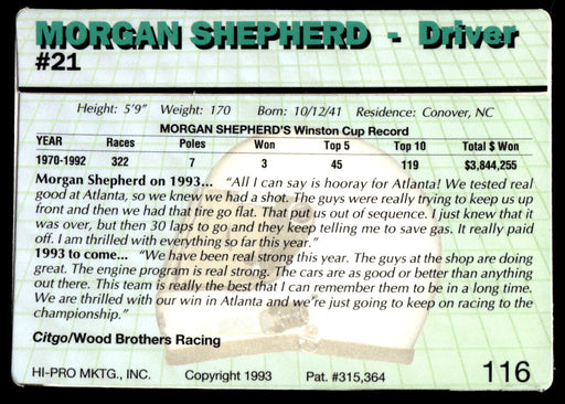 Morgan Shepherd 1993 Action Packed Base Back of Card