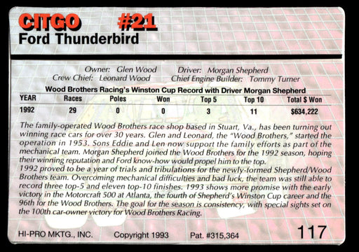 Morgan Shepherd 1993 Action Packed Base Back of Card