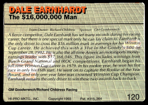 Dale Earnhardt 1993 Action Packed Base Back of Card