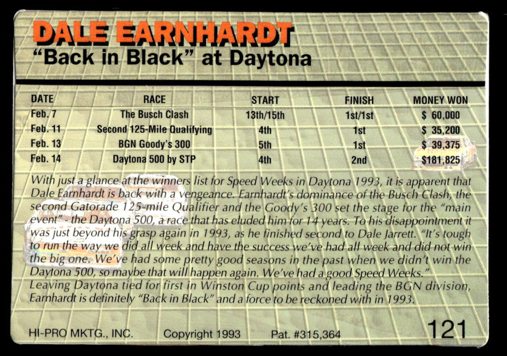 Dale Earnhardt 1993 Action Packed Base Back of Card