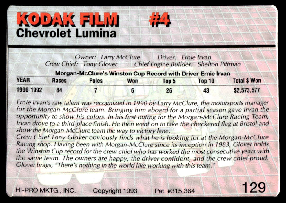 Ernie Irvan 1993 Action Packed Base Back of Card