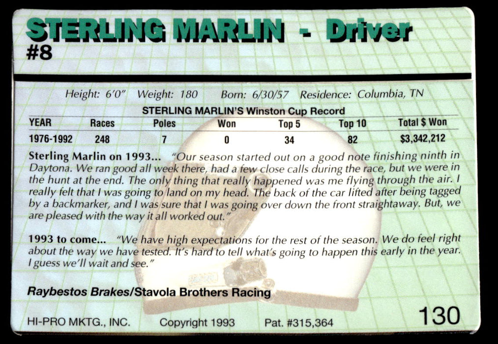 Sterling Marlin 1993 Action Packed Base Back of Card