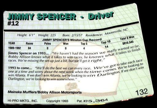 Jimmy Spencer 1993 Action Packed Base Back of Card