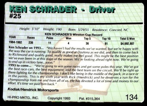 Jimmy Spencer 1993 Action Packed Base Back of Card