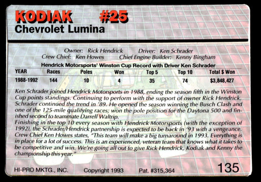 Ken Schrader 1993 Action Packed Base Back of Card