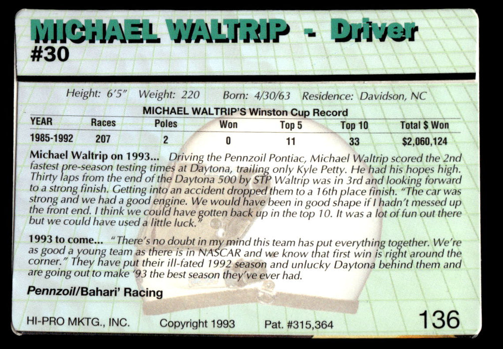 Michael Waltrip 1993 Action Packed Base Back of Card