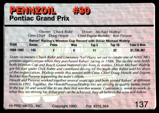 Michael Waltrip 1993 Action Packed Base Back of Card