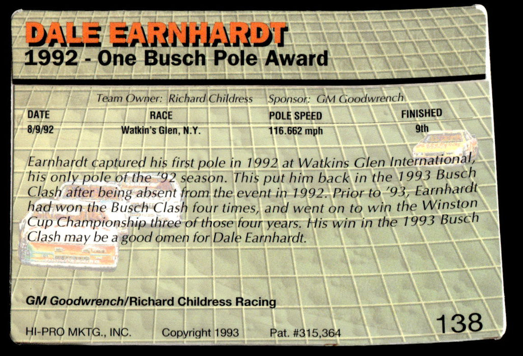 Dale Earnhardt 1993 Action Packed Base Back of Card