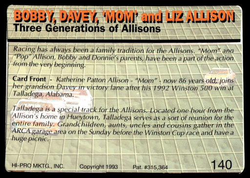 The Allison's 1993 Action Packed Base Back of Card