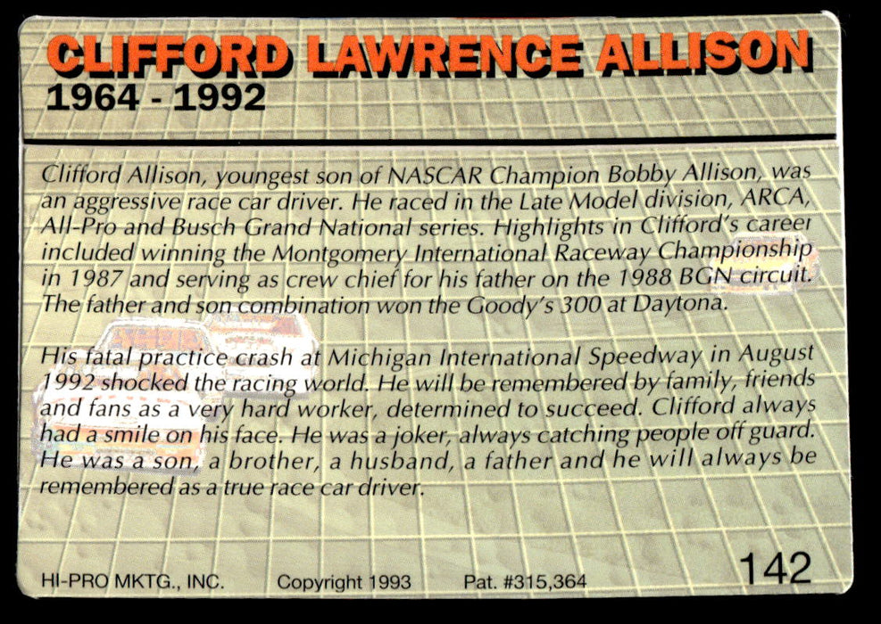 Clifford Allison 1993 Action Packed Base Back of Card
