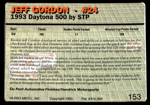 Jeff Gordon 1993 Action Packed Base Back of Card