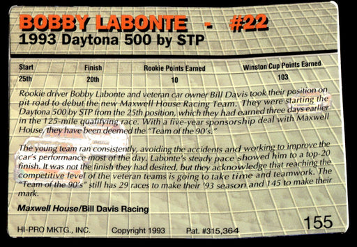 Bobby Labonte 1993 Action Packed Base Back of Card