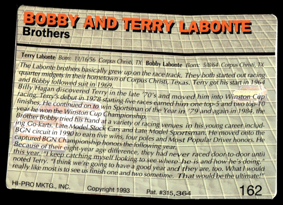 Bobby and Terry Labonte 1993 Action Packed Base Back of Card