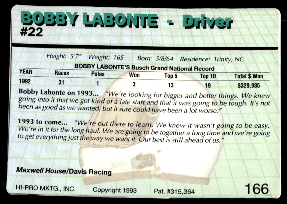 Bobby Labonte 1993 Action Packed Base Back of Card