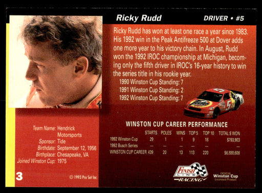 Ricky Rudd 1993 Pro Set Finish Line Racing Base Back of Card