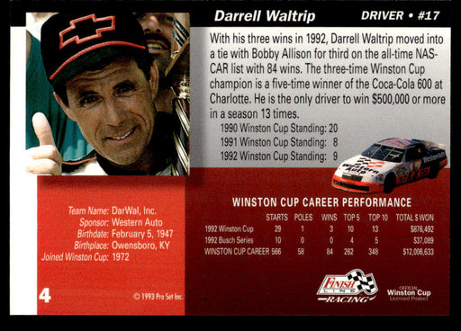 Darrell Waltrip 1993 Pro Set Finish Line Racing Base Back of Card