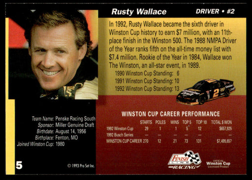 Rusty Wallace 1993 Pro Set Finish Line Racing Base Back of Card