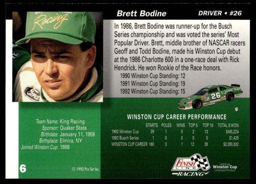 Brett Bodine 1993 Pro Set Finish Line Racing Base Back of Card