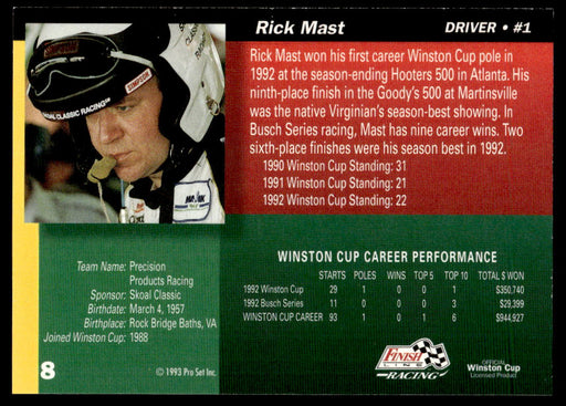 Rick Mast 1993 Pro Set Finish Line Racing Base Back of Card