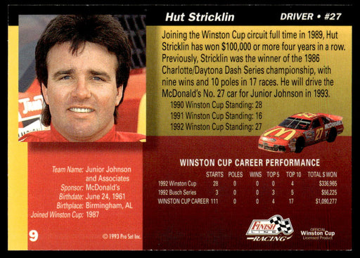 Hut Stricklin 1993 Pro Set Finish Line Racing Base Back of Card