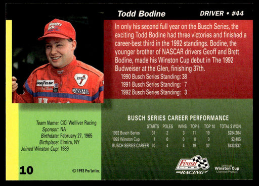 Todd Bodine 1993 Pro Set Finish Line Racing Base Back of Card