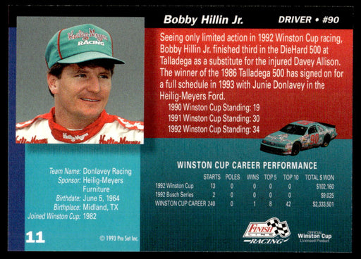 Bobby Hillin Jr. 1993 Pro Set Finish Line Racing Base Back of Card