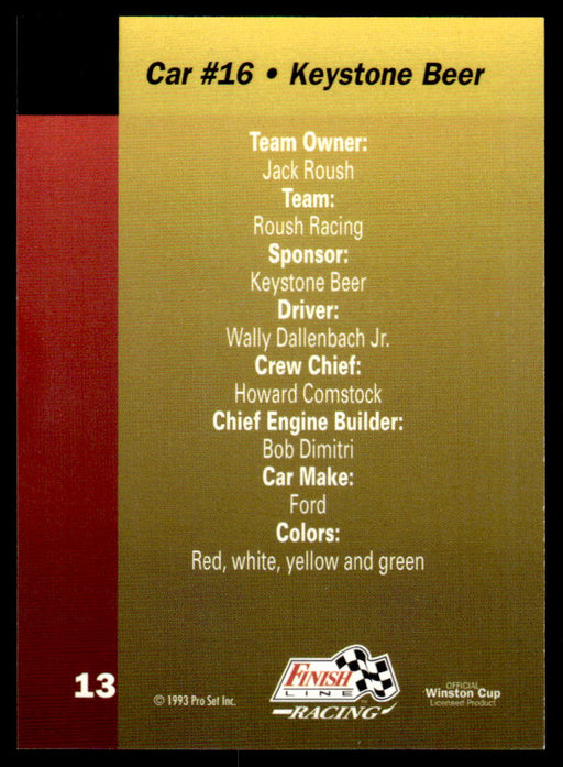Wally Dallenbach Jr. 1993 Pro Set Finish Line Racing Base Back of Card
