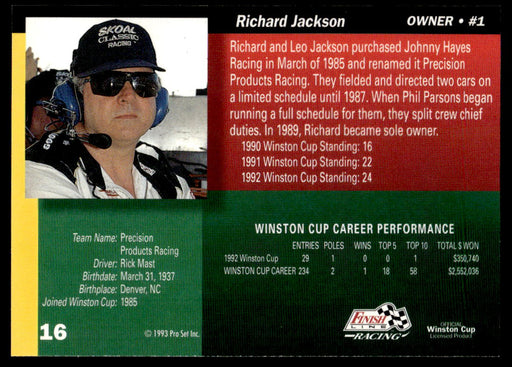 Richard Jackson 1993 Pro Set Finish Line Racing Base Back of Card