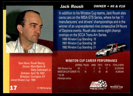 Jack Roush 1993 Pro Set Finish Line Racing Base Back of Card
