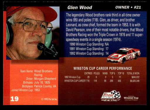 Glen Wood 1993 Pro Set Finish Line Racing Base Back of Card