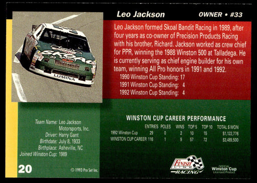 Leo Jackson 1993 Pro Set Finish Line Racing Base Back of Card