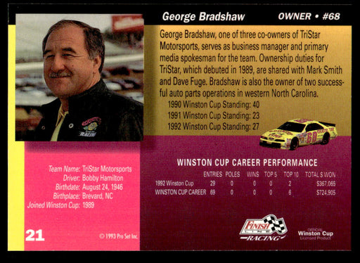 George Bradshaw 1993 Pro Set Finish Line Racing Base Back of Card