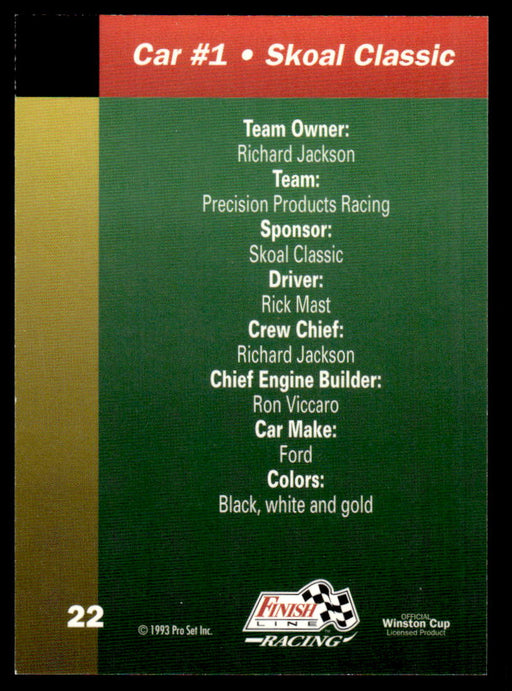 Rick Mast 1993 Pro Set Finish Line Racing Base Back of Card
