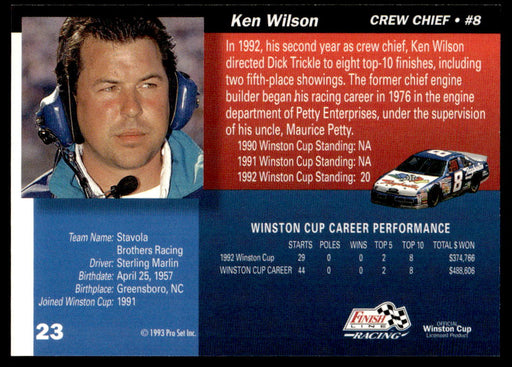Ken Wilson 1993 Pro Set Finish Line Racing Base Back of Card