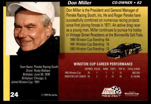 Don Miller 1993 Pro Set Finish Line Racing Base Back of Card