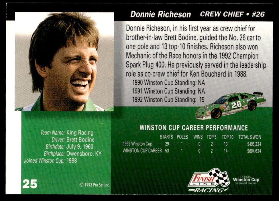 Donnie Richeson 1993 Pro Set Finish Line Racing Base Back of Card