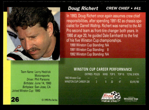 Doug Richert 1993 Pro Set Finish Line Racing Base Back of Card