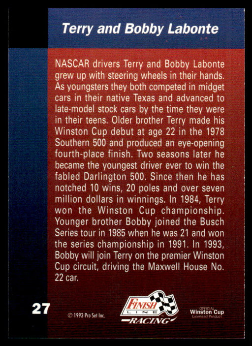 Terry Labonte/Bobby Labonte 1993 Pro Set Finish Line Racing Base Back of Card