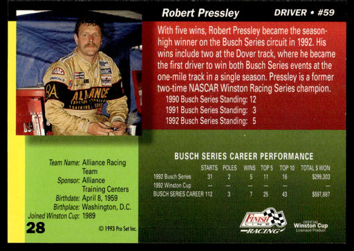 Robert Pressley 1993 Pro Set Finish Line Racing Base Back of Card