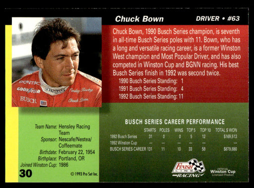 Chuck Bown 1993 Pro Set Finish Line Racing Base Back of Card