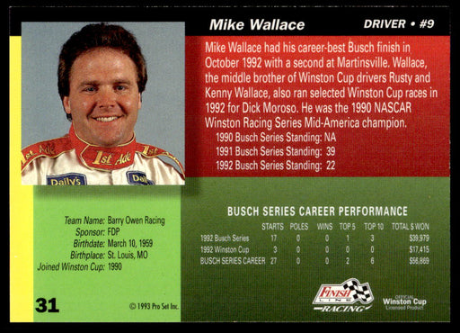 Mike Wallace 1993 Pro Set Finish Line Racing Base Back of Card