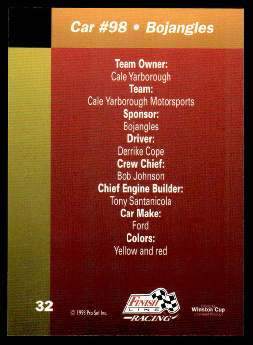 Derrike Cope 1993 Pro Set Finish Line Racing Base Back of Card