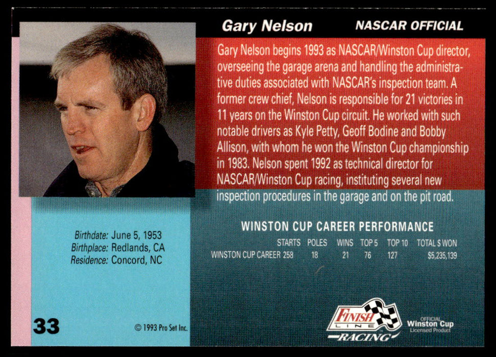 Gary Nelson 1993 Pro Set Finish Line Racing Base Back of Card