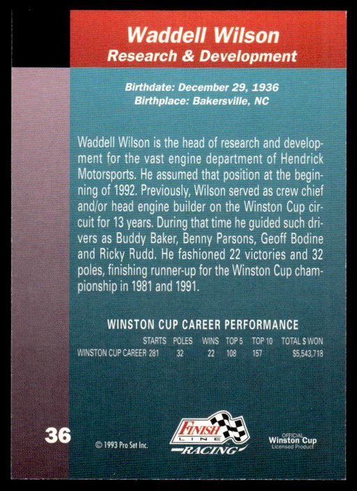 Waddell Wilson 1993 Pro Set Finish Line Racing Base Back of Card